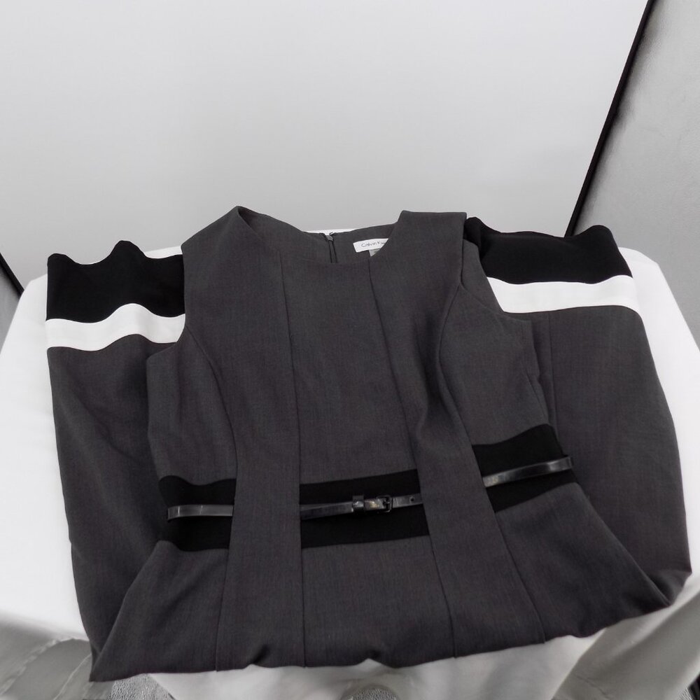 Calvin Klein Women Gray Belted Lined Sleeveless Fit and Flare Dress Size 4 - Picture 8 of 8